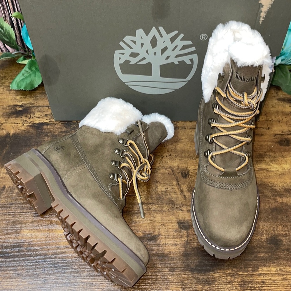 Timberland  Olive Courmayeur Valley Faux Fur Trim Leather Waterproof Boot 6.5M